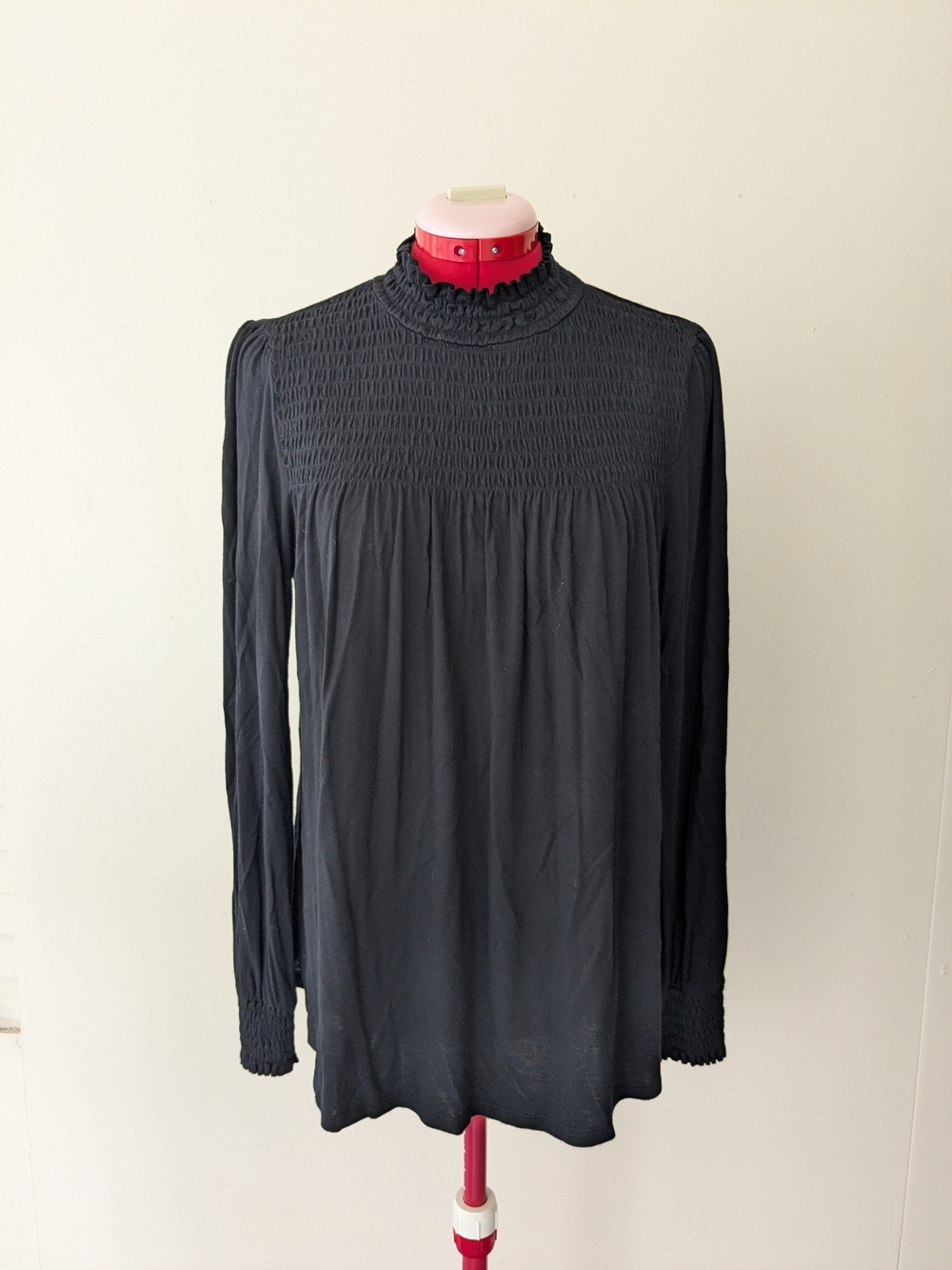 Cable & Gauge Black Smocked Yoke Mock Neck Long-Sleeve Top